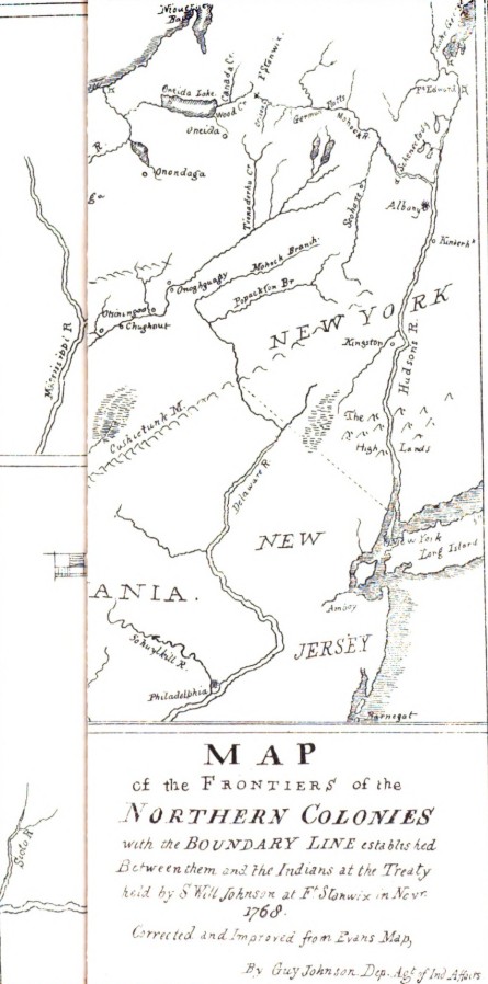Map of the Frontiers of the Northern Colonies with the Boundary Line established between them and the Indians at the Treaty held by Sr Will Johnson at Ft Stanwix in Novr 1768. Corrected and Improved from Evans Map, By Guy Johnson Dep. Agt of Ind Affairs.